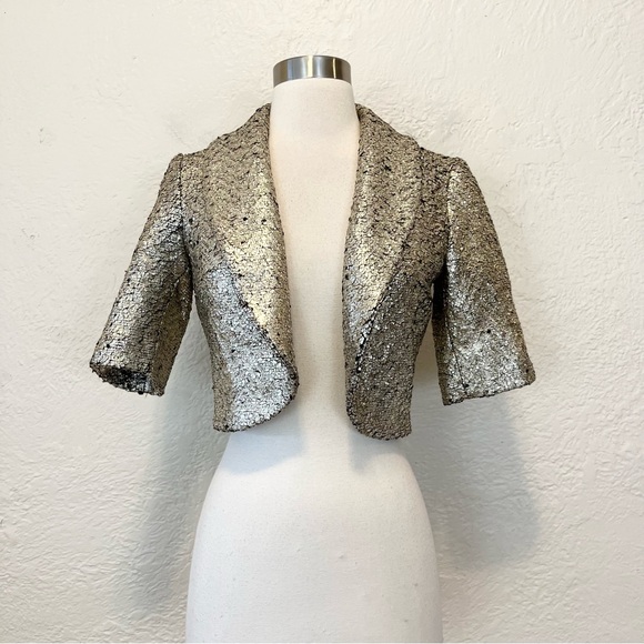 Anthropologie Jackets & Blazers - Anthropologie Elevenses Cropped Jacket Gold Foil Wool Bolero XS Preppy Academia